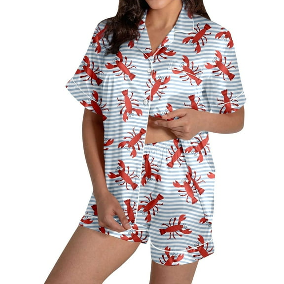 Women Pajamas Shorts Sets Printed Crayfish Pattern Stripe PJs V Neck 2 Piece Button Down Shirt Shorts Set Sleepwear