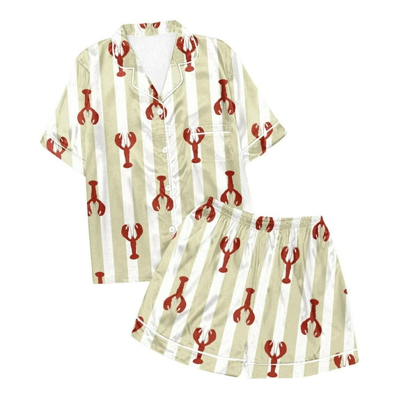 Women Pajamas Shorts Sets Printed Crayfish Pattern Stripe PJs V Neck 2 Piece Button Down Shirt Shorts Set Sleepwear
