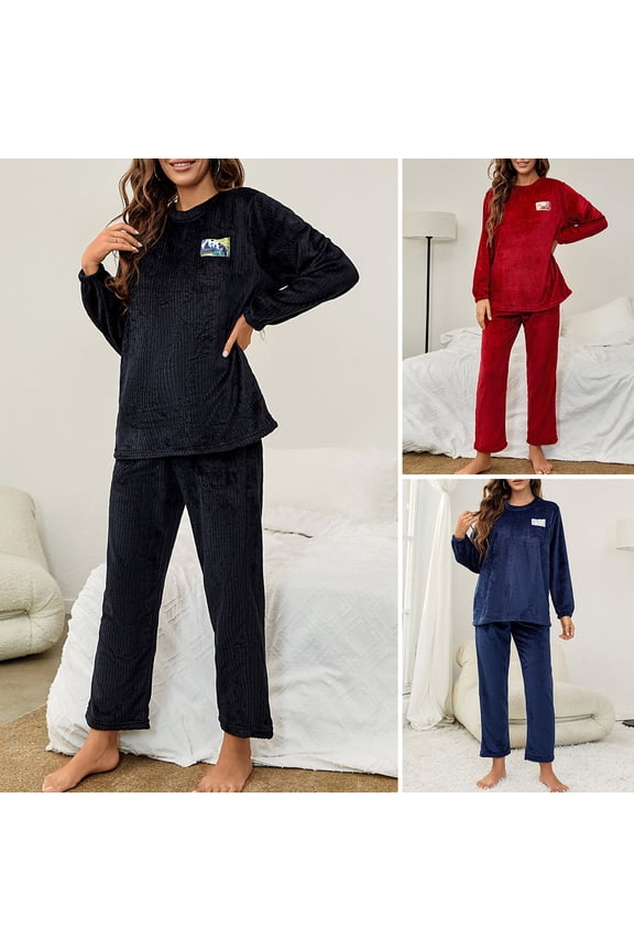 Women Pajamas Suit - 2 Pcs/Set Fall Winter Round Neck Long Sleeve Flannel Top Thick Loose Elastic Waist Trousers Sleepwear Casual Home Wear