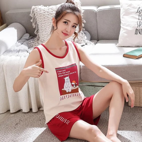 Women Pajamas Suits Cute Sleepwear Casual O-Neck Short Sleeveless Pijamas Set Summer Comfortable Breathable Cartoon Sleepwear