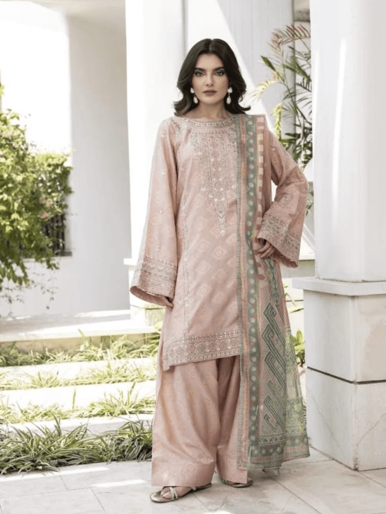 ワンピース PAKISTANI SHALWAR SIZE L Women Pakistani Farshi Shalwar Suit 3 Pc Jora Light Powder Rose