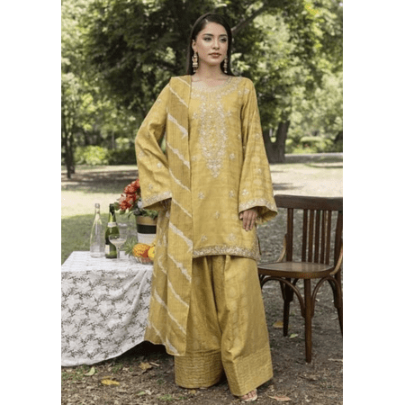 Women Pakistani farshi shalwar Salwar suit 3 pc jora yellow embroidered stunning Eid wedding Ramadan dewali indian size medium M NEW