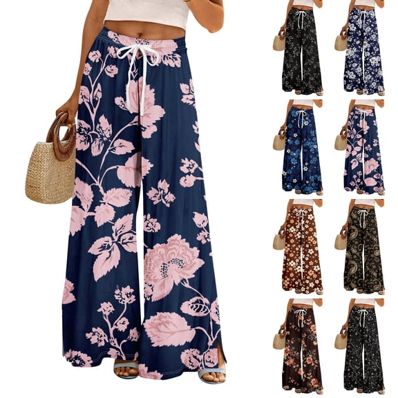 Women Palazzo Pants Summer Boho Baggy Wide Leg High Waist Flowy Beach Casual Trousers with Pockets Blue M