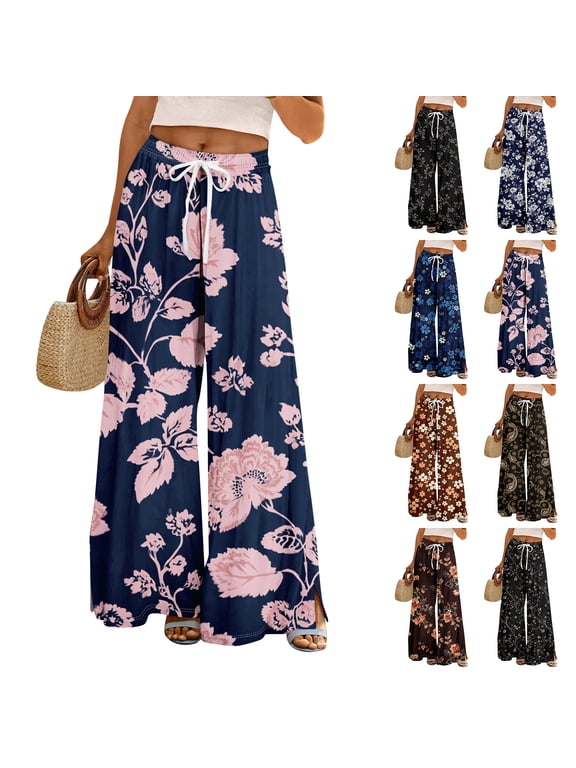 Women Palazzo Pants Summer Boho Baggy Wide Leg High Waist Flowy Beach Casual Trousers with Pockets Gold M