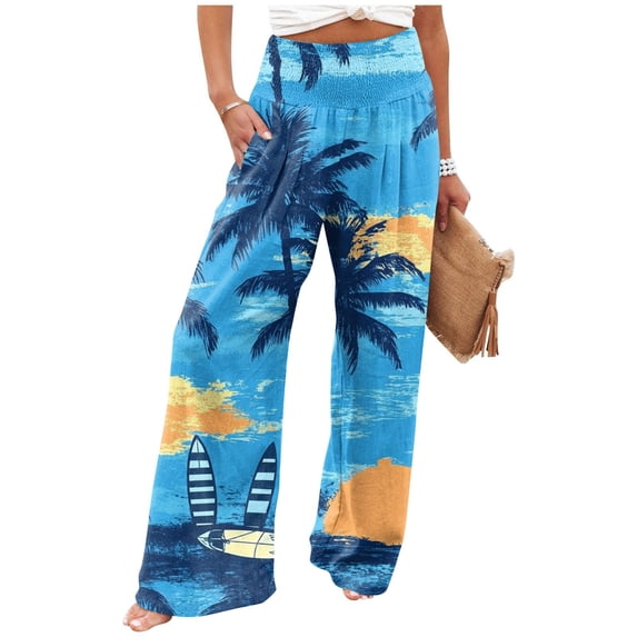 Women Palm Tree Wide Leg Pants High WaistTrousers Casual Boho Palazzo Pants Lounge Elastic Waist Pants Comfy Flower Print Dresses Pants