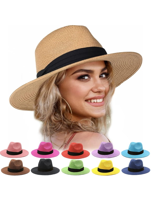 Women Panama Straw Hat Classic Wide Brim Sun Hat for Beach Adjustable Summer Fedora Hat for Ladies UPF 50+