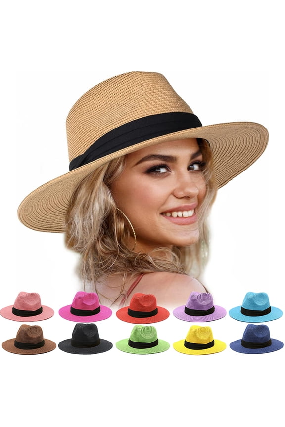 Women Panama Straw Hat Classic Wide Brim Sun Hat for Beach Adjustable Summer Fedora Hat for Ladies UPF 50+