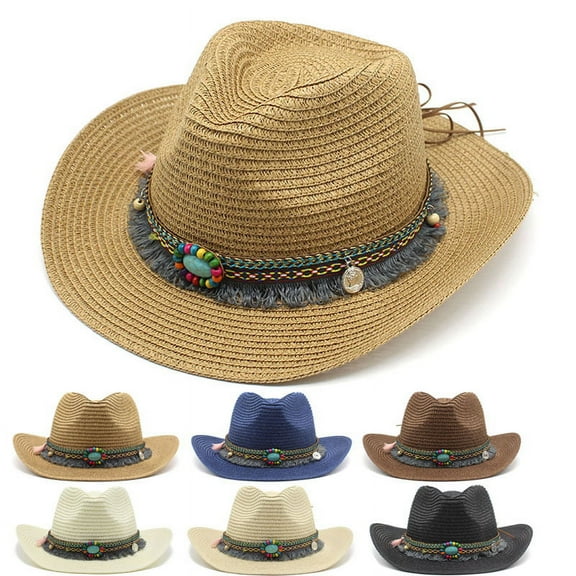 Women Panama Straw Hat Fedoras Beach Sun Hat Wide Brim Roll Up Sunhats for Women with Tassels Band Decoration