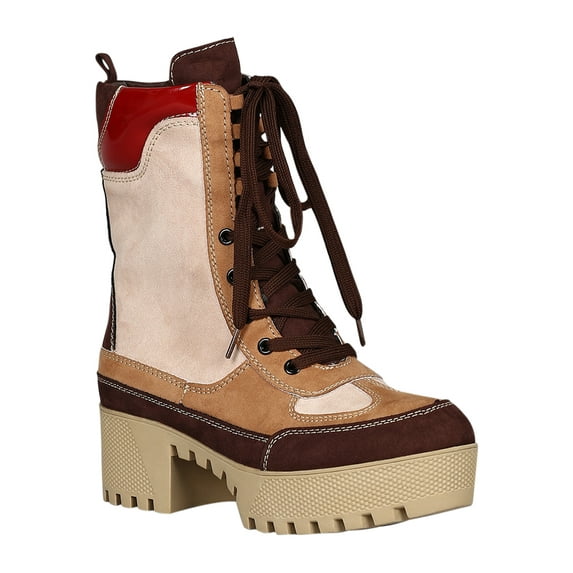 Women Panel Lace-Up Lug Flatform Combat Boot 18233