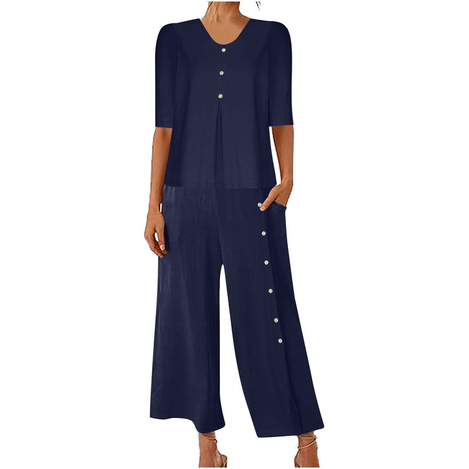Simple Casual Loose V Neck Top Pants Set main image 1