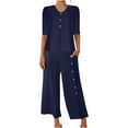thumbnail image 1 of Women Pant Suits Short Sleeve Linen Casual V Neck Fashion Dressy Wide Leg Pants and V Neck Loose Tops Officewear Outfits Comfy Soft Summer Pants Sets, Navy (XX-Large), 1 of 8