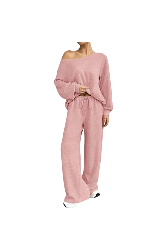 Women Pant Suits Spring Autumn New Sexy Sloping Shoulder Casual Sports Suit Fashion Loose Simple Sweater Pants 2 piece Set Female