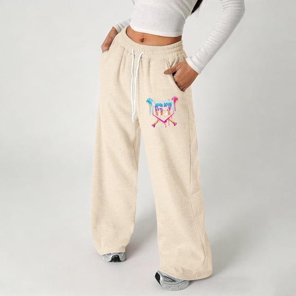 Women Pants 6 7 Six Seven Letter Pants Comfortable Girls' Printed Loose Fit Jogger Pants Lightweight Straight Leg Sweatpants With Drawstring For Play Beige 110(4 -5 )
