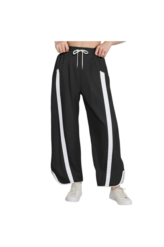 Women Pants Baggy Wide Leg Pants Drawstring Elastic High Waisted Contrast Color Workout Sweatpants Sweat Pants for Womens Black S