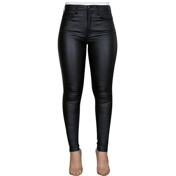 Women Pants Black Leather Pants Women Stretch Waisted Buttoned Size Casual Trousers High Coated Women Large Pants Pants Leather Look Pants