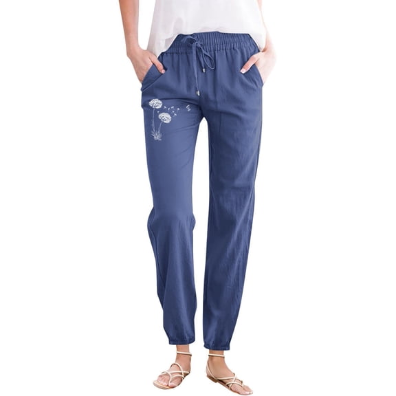 Women Pants Breathable Lightweight Casual Trousers With Partial Daisy Print Pocket Drawstring for Home Outdoor Blue L