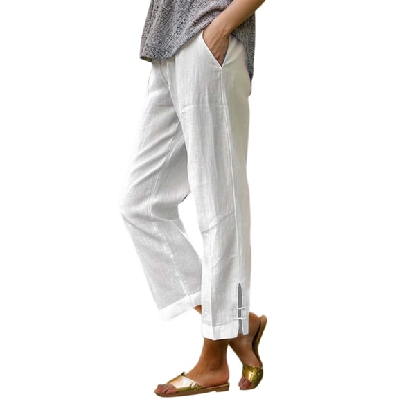 Women Pants Breathable Linen Pants High Waist Spring Summer Solid Drawstring Straight Leg Trousers White XXL