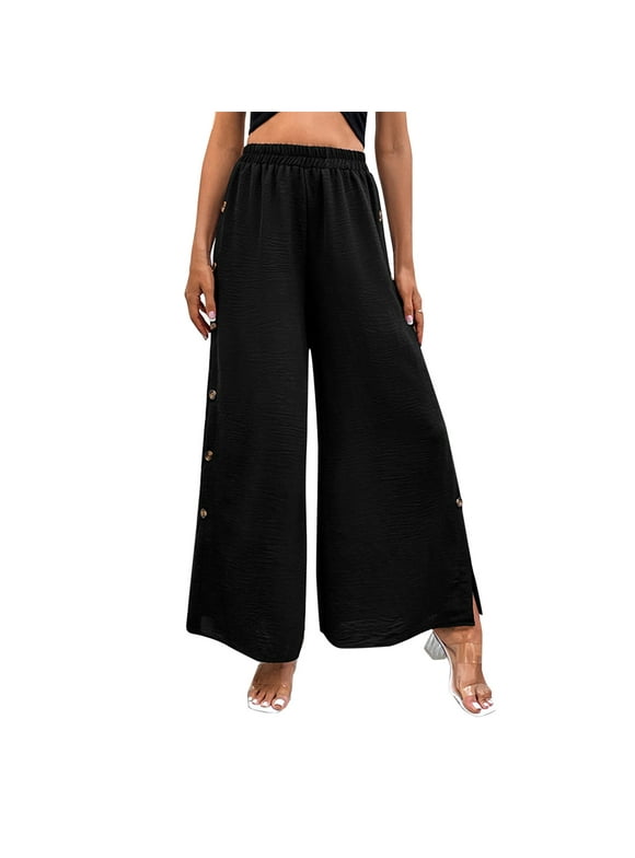 Women Pants Casual Elastic Waist Fashion Trousers Slit High Waist Wide Leg Black L