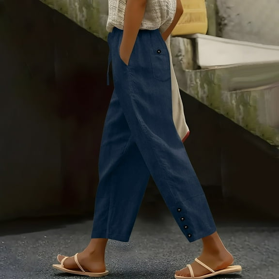 Women Pants on Under $5! Cagogo Casual Linen Pants for Women Cotton Side Button Drawstring Elastic Waist Trendy Pants Straight Leg Lightweight Trousers Summer Beach Lounge Pants with Pocket