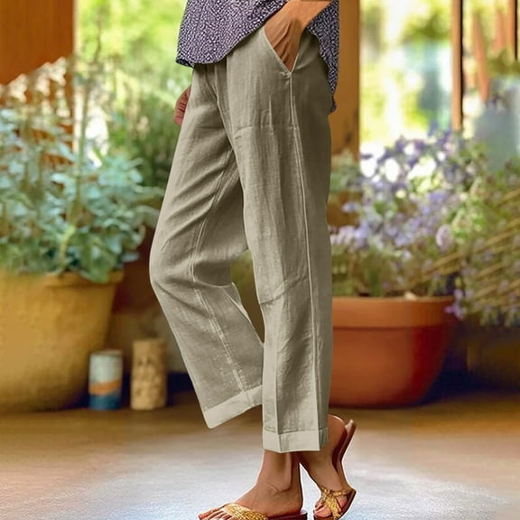 Women Pants on Under $5! Cagogo Cotton Linen Cropped Pants for Women Plus Size Summer Elastic Waist Straight Wide Leg Boho Beach Trouser Loose Palazzo Crop Pants with Pockets