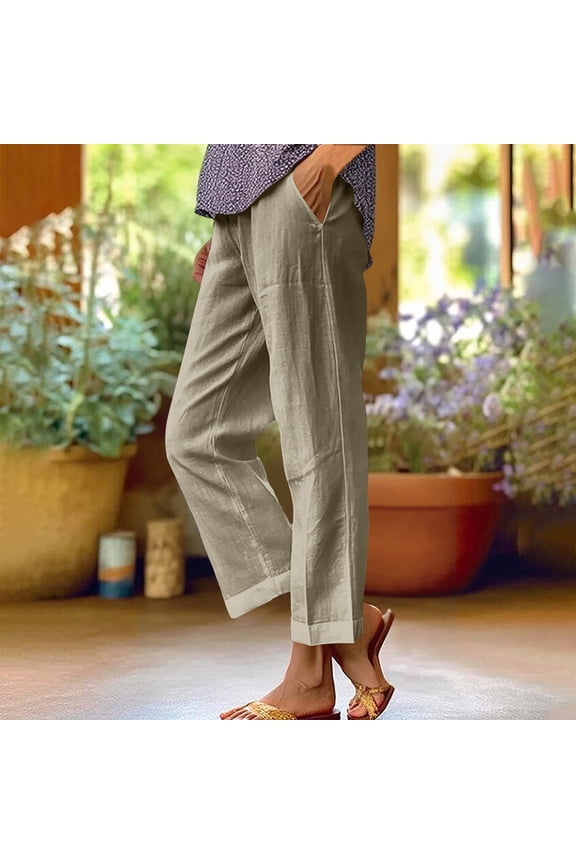 Women Pants on Under $5! Cagogo Cotton Linen Cropped Pants for Women Plus Size Summer Elastic Waist Straight Wide Leg Boho Beach Trouser Loose Palazzo Crop Pants with Pockets