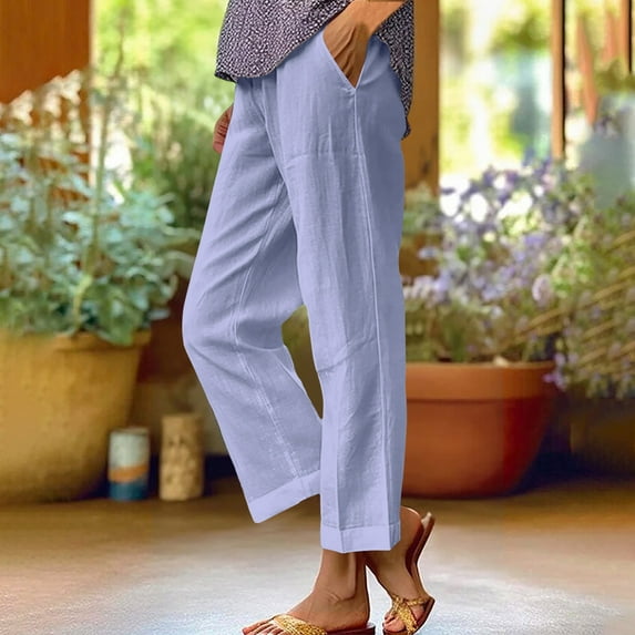 Women Pants on Under $5! Cagogo Cotton Linen Cropped Pants for Women Plus Size Summer Elastic Waist Straight Wide Leg Boho Beach Trouser Loose Palazzo Crop Pants with Pockets