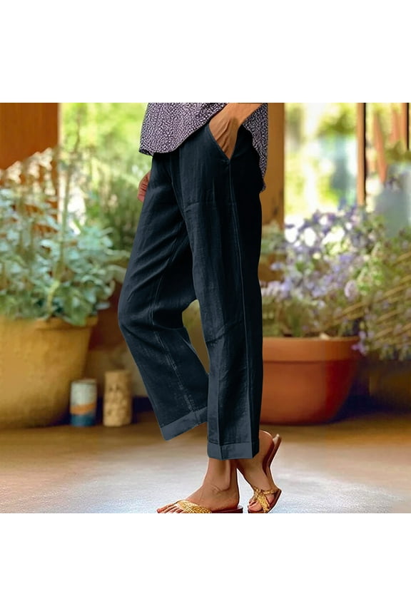 Women Pants on Under $5! Cagogo Cotton Linen Cropped Pants for Women Plus Size Summer Elastic Waist Straight Wide Leg Boho Beach Trouser Loose Palazzo Crop Pants with Pockets