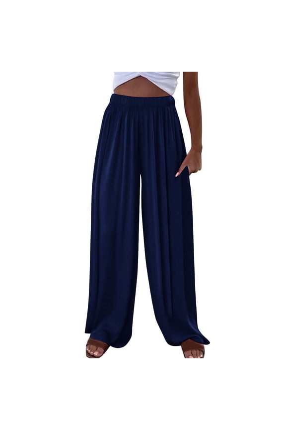 Women Pants on Under $5! Cagogo High Waist Palazzo Pants for Women Elastic Baggy Wide Leg Bohemian Pants Lightweight Comfy Vacation Pants Yoga Business Work Trousers for Ladies