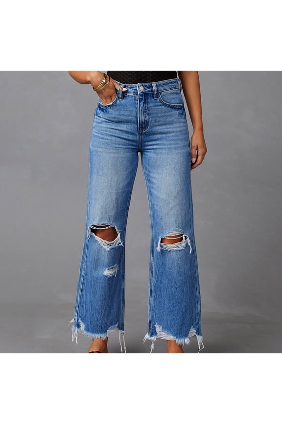 Women Pants Are Comfortable Soft Casual Jeans Fashionable Fringed Ripped Straight Denim Trousers Jean Pants for Women plus Size Super Straight Denim Dress Leggings Women plus Size on Pants Jean