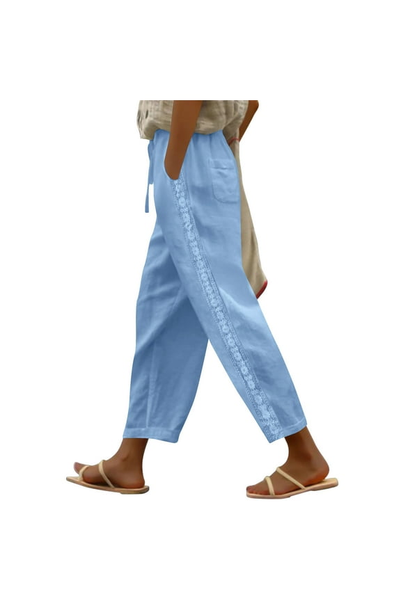 Women Pants Cotton Linen Drawstring Elastic Waist Solid Color Wide Leg Split Pants with Pocket Blue XL