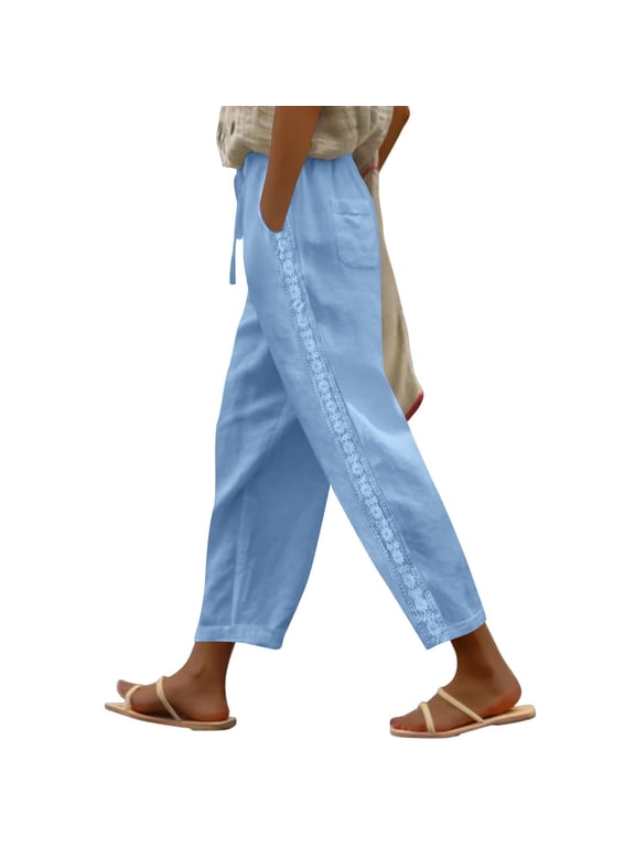Women Pants Cotton Linen Drawstring Elastic Waist Solid Color Wide Leg Split Pants with Pocket Blue XL
