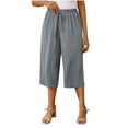 thumbnail image 1 of Women Pants Cotton Linen Solid Color Elastic Waist Sports Casual Loose Comfy Capris Pants with Pocket Light Blue L, 1 of 8