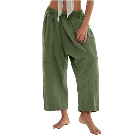 Women Pants Cropped Wide Leg Elastic Waist Linen Trouser Low Waisted Straight Leg Long Pants Summer Lightweight Casual Loose Palazzo Pant Plain Cotton Joggers with Pockets S-XXL