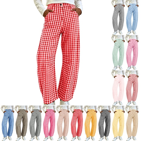 Women Pants Dqueduo Women's Plaid Button-Zipper Elastic Waist Curved Barrel Pants – Casual Trousers Red L