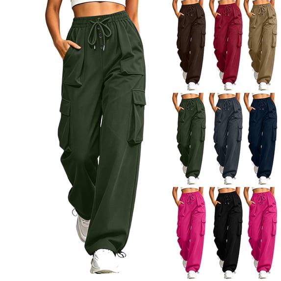 Women Pants Dqueduo Women's Summer Casual Cargo Pants – Solid Color Drawstring Leg-Binding Sports Trousers with Pockets Green XXXL