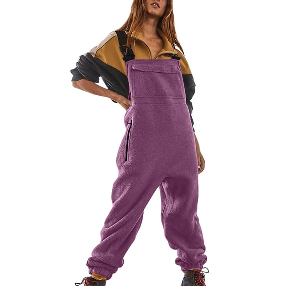 Women Pants Fleece Overalls Onepiece Jumpsuits Adjustable Suspender Straps Warm Winter Fuzzy Ski Pants M(Purple)