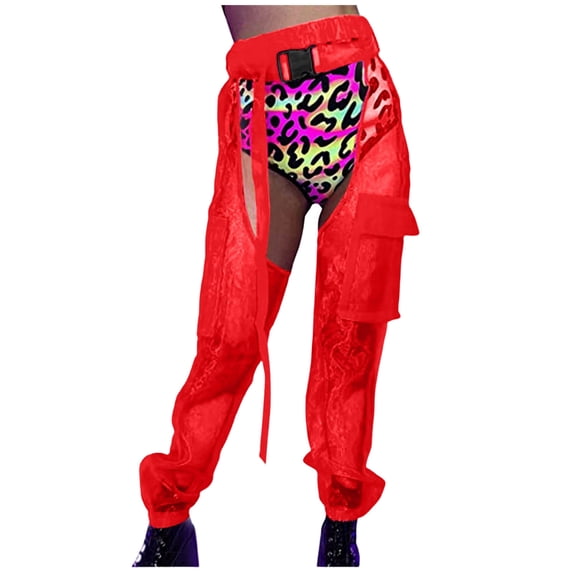 Women Pants High Elastic Buckles Jogger Crotch Long Wasit Transparent Sexy Mesh see through clubPants