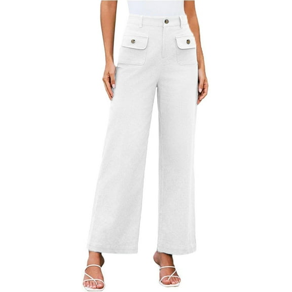 Women Pants High Waist Wide Leg Trousers Elastic Comfort Straight Fit With Pocket Casual Style Breathable White M