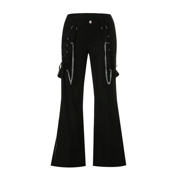 Women Pants Hip Hop High Waist Bandage Streetwear Rivet Trousers Goth Dark Gothic Grunge Black Pants Harajuku Punk Wide Leg