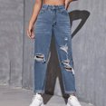Women Pants Hole Denim Button Elastic Pocket Waist Jeans Trousers High