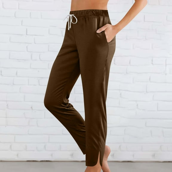 Women Pants Plus Size, Women Fashion Solid Color Elastic Waist Sports Casual Full Length Pants Women High Waisted Pants (Brown,XXL)