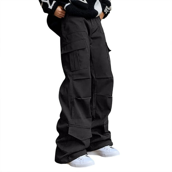 Women Pants Popular Cargo Trousers Straight Leg Big Pocket Versatile Solid Color Relaxed Fit Casual Pants Black M