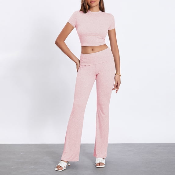 Women Pants Set, Short Sleeve Crew Neck T-shirt with Low Waist Pants Summer Outfit