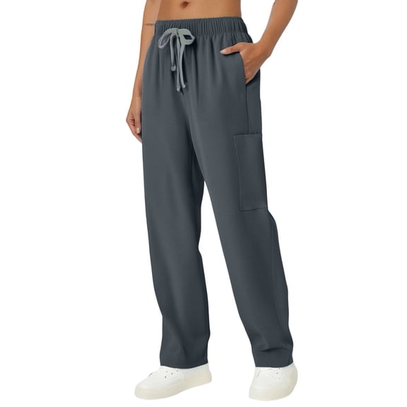 Women Pants Simple Solid Color Drawstring Elastic Waist Pocket Protective Trousers Basic Casual Soft and Comforatble Lightweight Straight Leg Pants