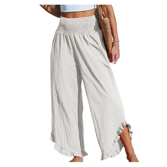Women Pants Smocked Waist Straight Leg Ruffle Cuffs Loose Fit Casual Beach White XXXL