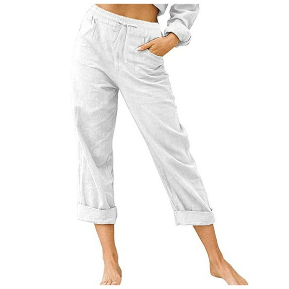 Hfolob Women Pants Solid Color High Waist Pants Cotton Linen Casual Cropped Work Daily Trousers