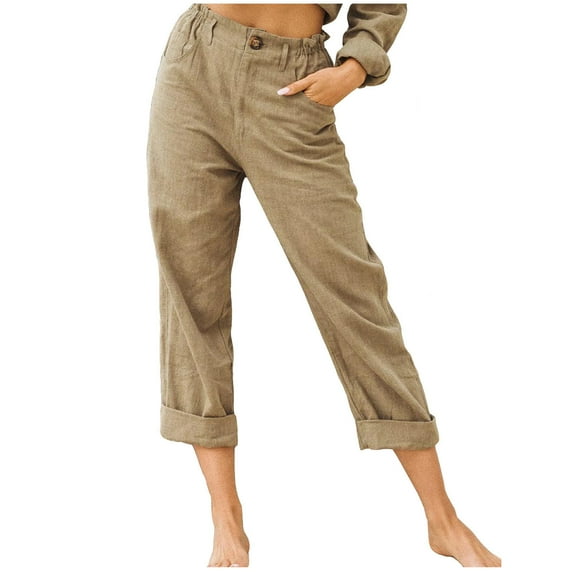 Women Pants Solid Color Pokets Botton Casual Elastic Drawstring Trousers Khaki L