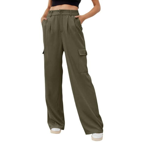 Women Pants Solid Color Utility Trousers Loose Straight Leg With Multiple Pocket Casual Breathable Army Green S