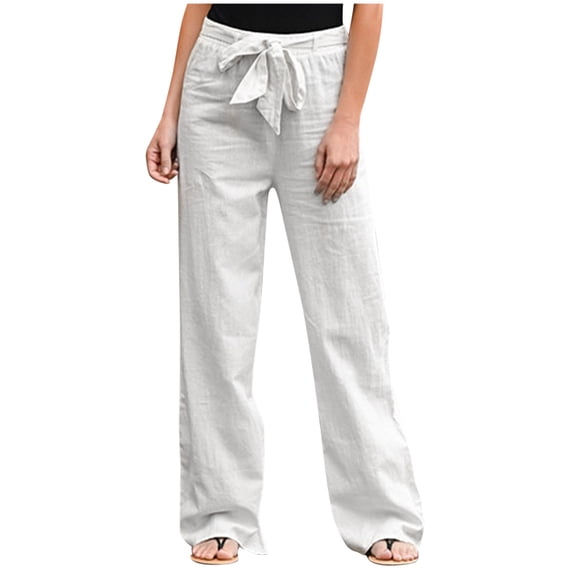 Women Pants Solid Thin Breathable Linen Pants Straight Leg High Waist Spring Summer Trousers Relaxed Fit Beige L