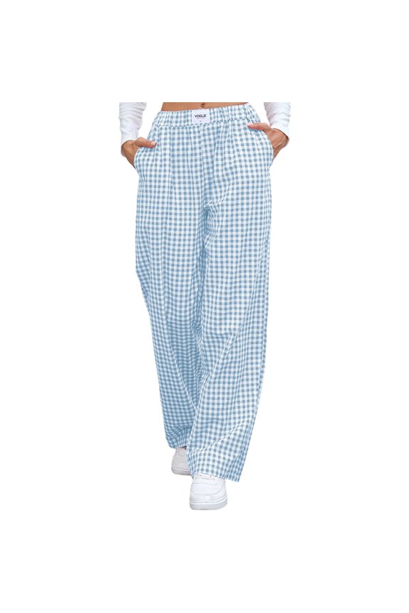 Women Pants Spring Summer Elastic Waist Lounge Casual Plaid Trousers Y2K Beach Bottoms with Pockets